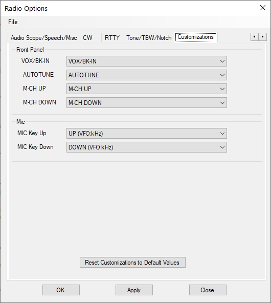 Customization options tab