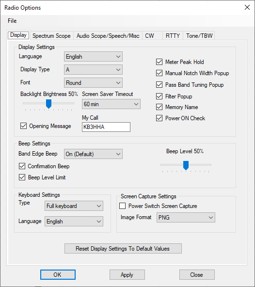 Display options tab