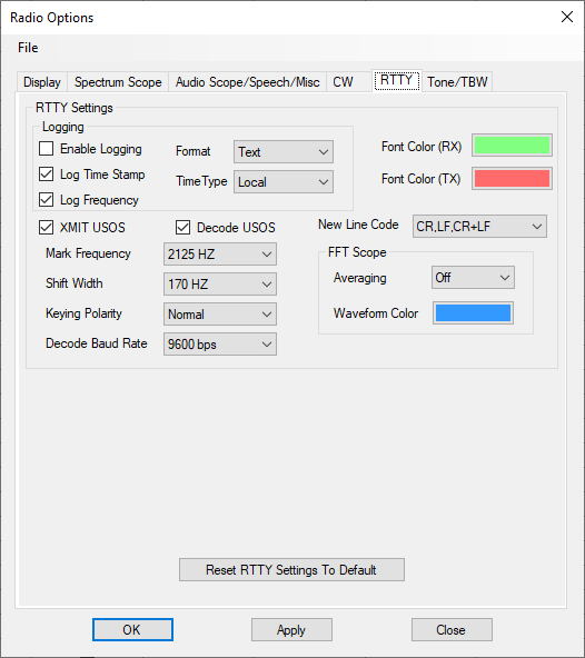 RTTY options tab