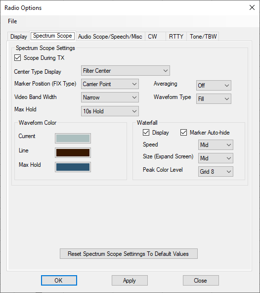 Spectrum scope options tab