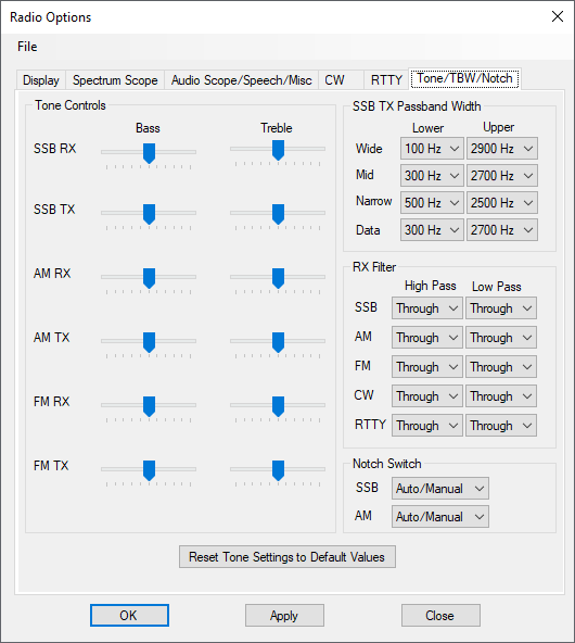 Tone and TBW options tab